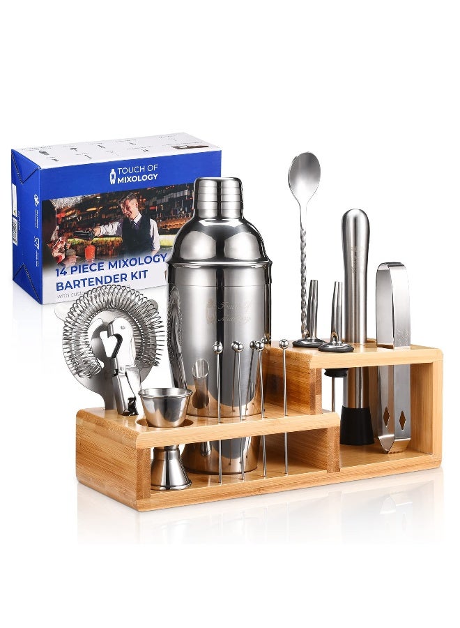 Touch of Mixology 14PC Bartender Kit - Silver Cocktail Shaker Set - All Barware Essentials for Drink Mixing Includes Stand, Martini Shaker, Jigger, Strainer, Mixer Spoon, Muddler, Liquor Pourers, Touch of Mixology - Image 1